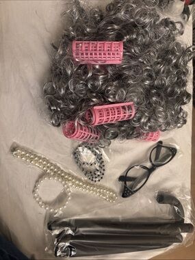 Old lady wig set come with gray wig Rollers and Costume Accessories Set